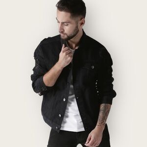 Forever 21 Men's Black Distressed Denim Trucker Jacket